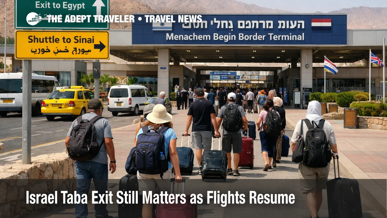 Israel Taba border exit at the Eilat crossing shows travelers queuing for a structured overland route into Egypt