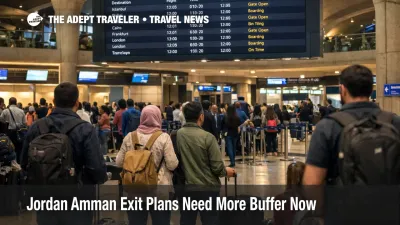 Amman exit plans at Queen Alia show travelers waiting in a live departures hall under active flight screens