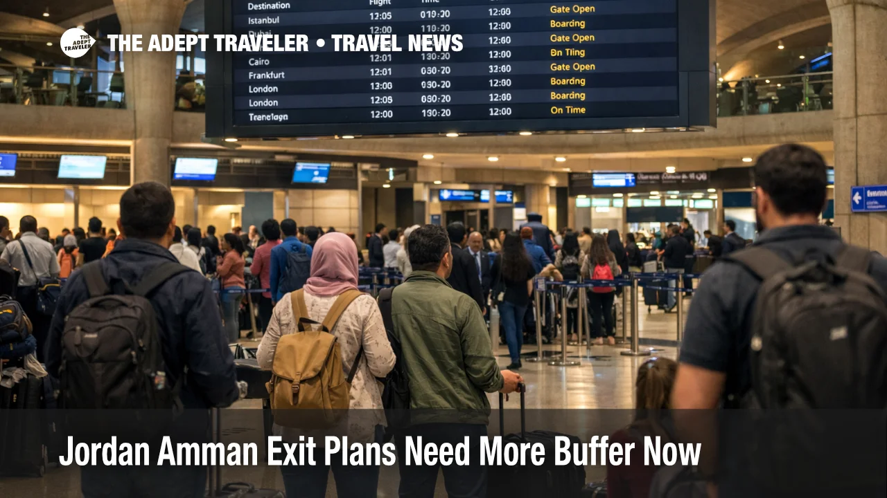 Amman exit plans at Queen Alia show travelers waiting in a live departures hall under active flight screens