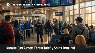 Kansas City airport threat disruption at MCI shows travelers waiting near gates after the terminal reopened