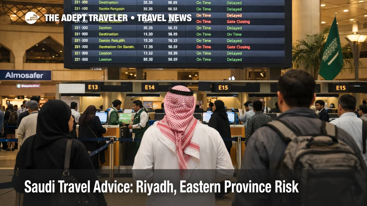 Saudi travel advice risk shown at Riyadh airport as passengers check flights amid ongoing shelter and disruption concerns