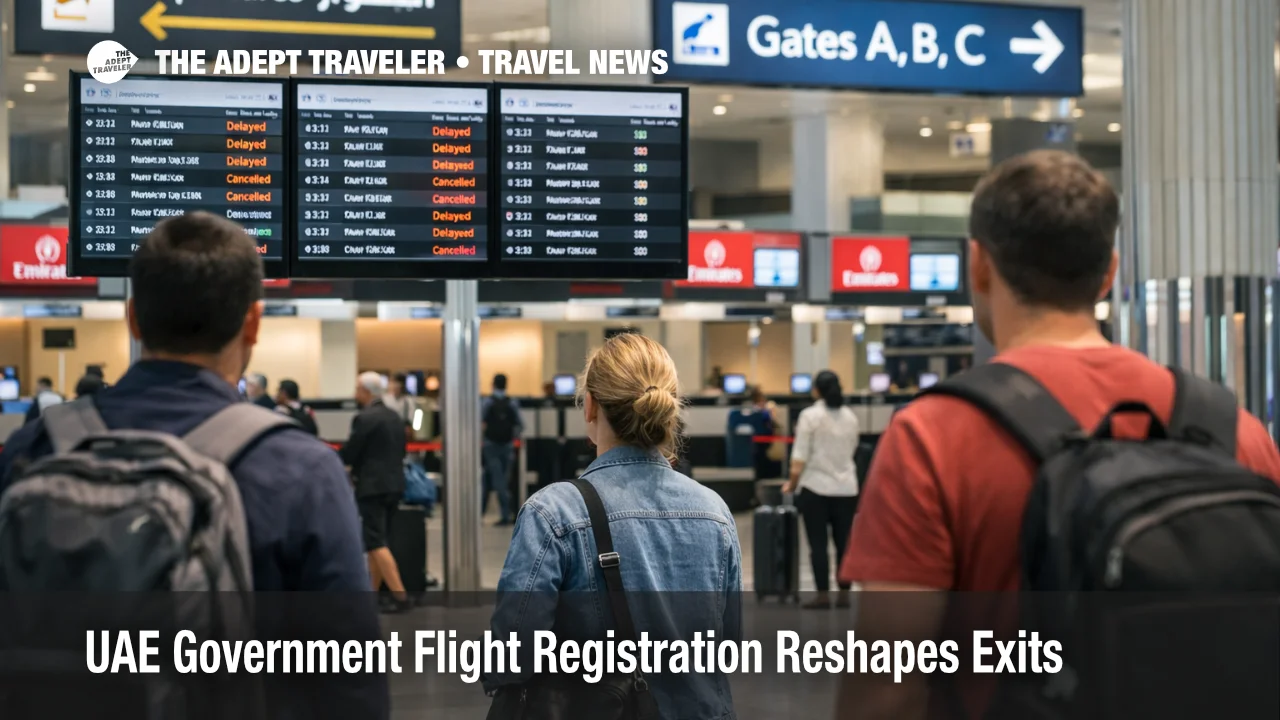 UAE government flight registration reshapes exit planning as travelers wait in a controlled Dubai airport departures hall