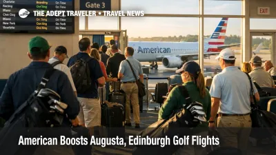 American golf flights at Augusta Regional Airport as Masters week travelers queue near a busy gate area