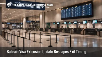 Bahrain visa extension update shown at Bahrain airport with quiet check in and document control cues for delayed onward travel
