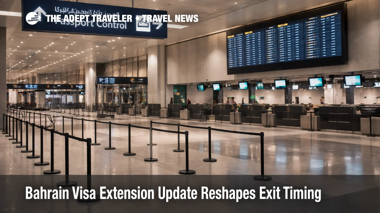 Bahrain visa extension update shown at Bahrain airport with quiet check in and document control cues for delayed onward travel