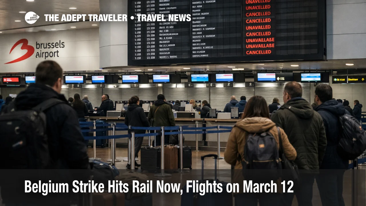 Belgium strike disruption at Brussels Airport shows waiting passengers and canceled departures before March 12 shutdown
