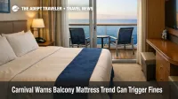 Carnival balcony mattress trend warning shown through a cruise cabin with bedding kept inside and a safe balcony setup