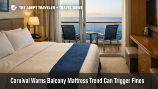 Carnival balcony mattress trend warning shown through a cruise cabin with bedding kept inside and a safe balcony setup