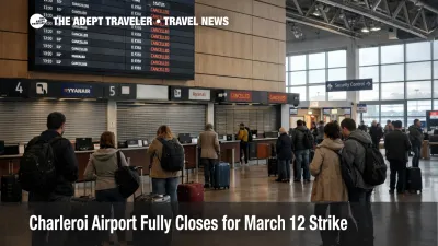 Charleroi Airport March 12 strike scene shows grounded terminal operations and waiting travelers at CRL