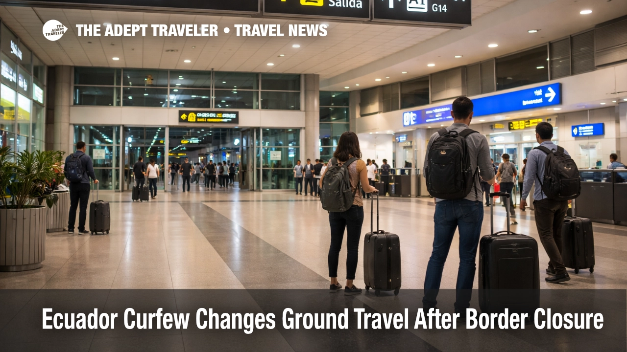 Ecuador curfew travel scene at Guayaquil Airport as late evening passengers weigh onward transfers during new road limits