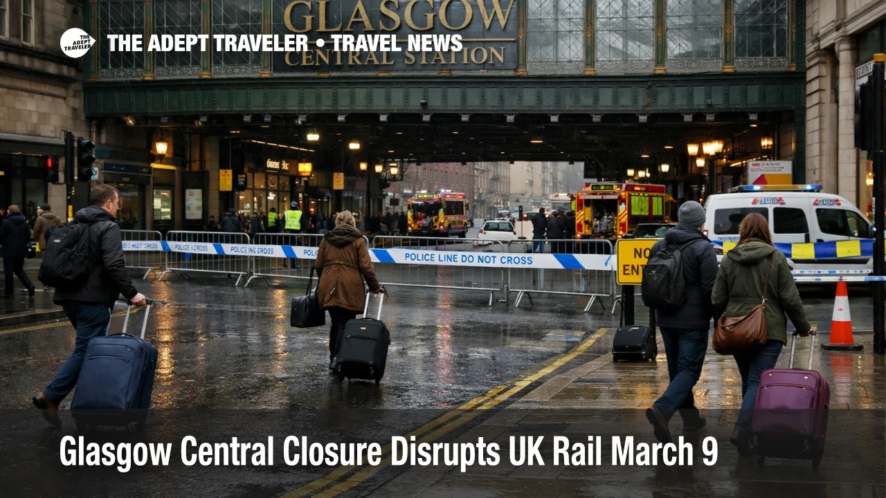 Glasgow Central closure shown outside the station as travelers reroute around the rail disruption in Glasgow