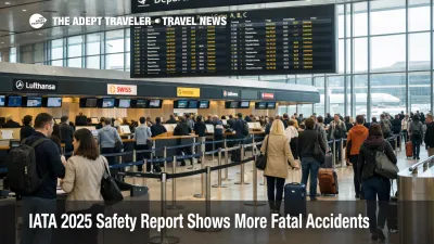 Passengers in a Geneva airport terminal illustrate the IATA 2025 safety report and global air travel safety context