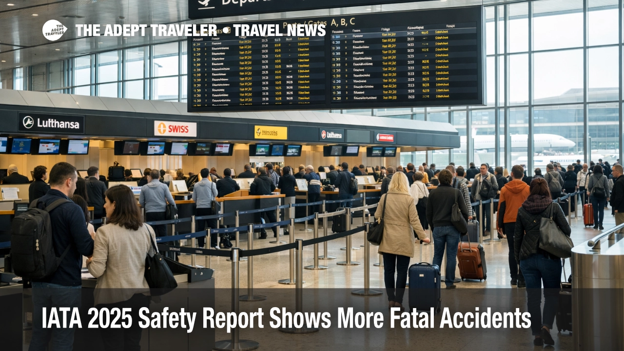 Passengers in a Geneva airport terminal illustrate the IATA 2025 safety report and global air travel safety context