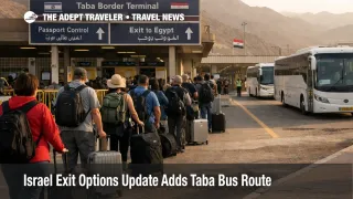 Travelers queue at the Taba crossing during the Israel exit options update as overland departures to Egypt continue