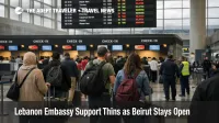 Lebanon embassy support story illustrated by travelers waiting in Beirut Airport departures during limited exit options