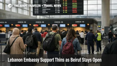 Lebanon embassy support story illustrated by travelers waiting in Beirut Airport departures during limited exit options