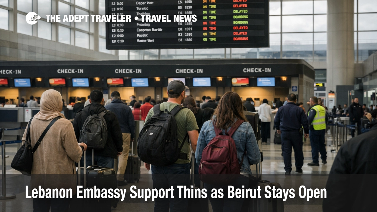 Lebanon embassy support story illustrated by travelers waiting in Beirut Airport departures during limited exit options