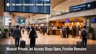 Muscat private jet access stays open as travelers queue inside Muscat International Airport during regional disruption