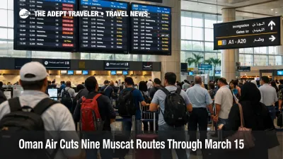 Oman Air Muscat route suspensions shown by departure boards and waiting travelers inside Muscat airport