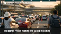 Philippines protest travel timing slows vehicle access to NAIA as heavy traffic builds outside Manila airport terminals