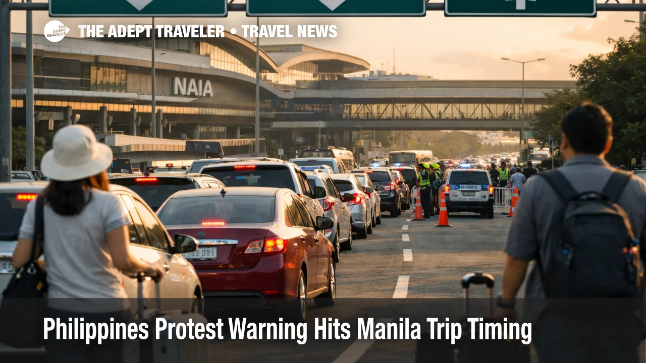Philippines protest travel timing slows vehicle access to NAIA as heavy traffic builds outside Manila airport terminals