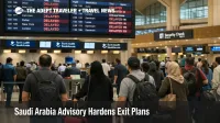 Saudi Arabia travel advisory scene at Riyadh airport with travelers waiting under departure boards during delays