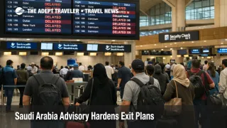 Saudi Arabia travel advisory scene at Riyadh airport with travelers waiting under departure boards during delays