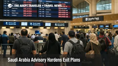 Saudi Arabia travel advisory scene at Riyadh airport with travelers waiting under departure boards during delays