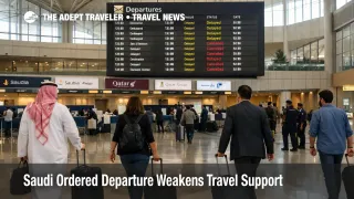 Saudi Arabia travel risk scene at Riyadh airport with travelers and delay boards during a weaker support environment