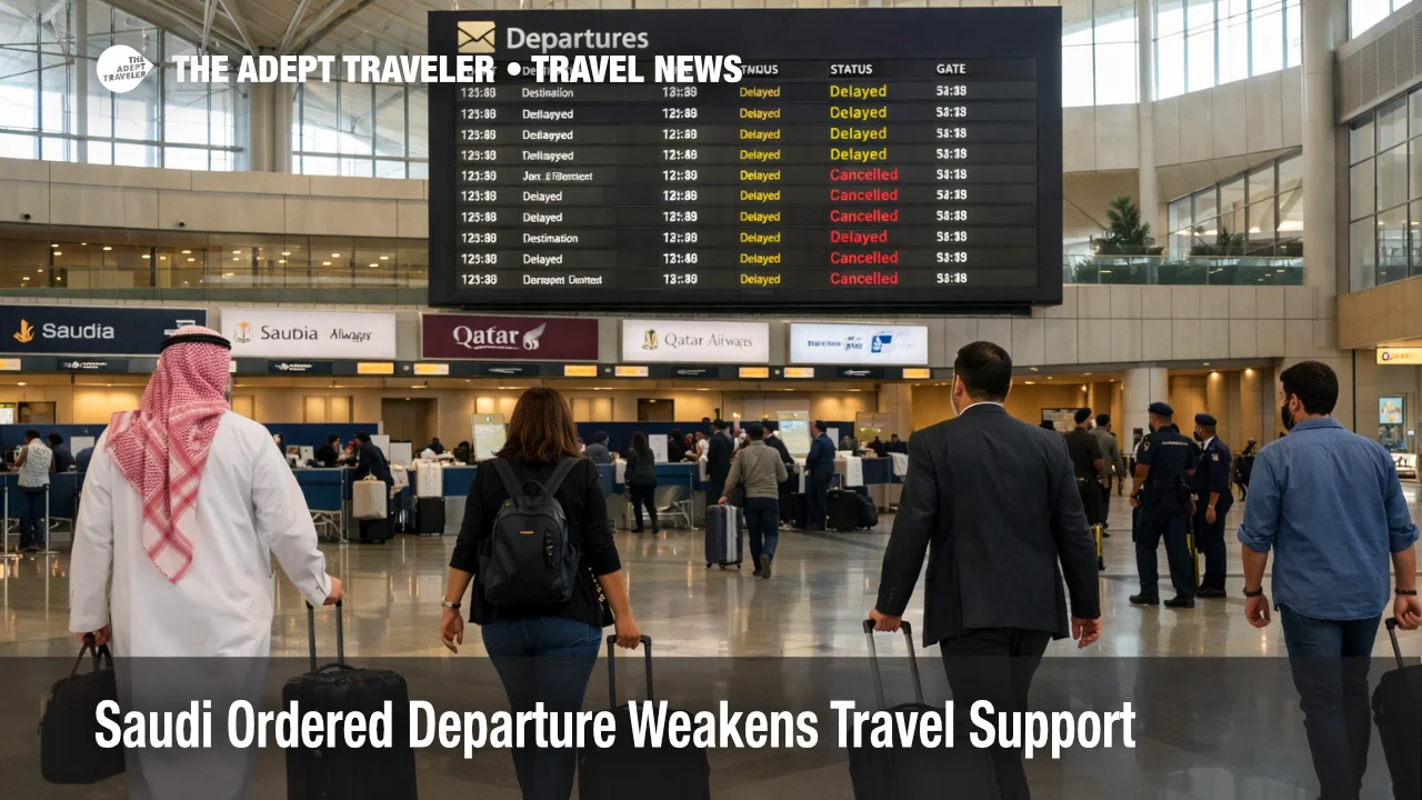 Saudi Arabia travel risk scene at Riyadh airport with travelers and delay boards during a weaker support environment
