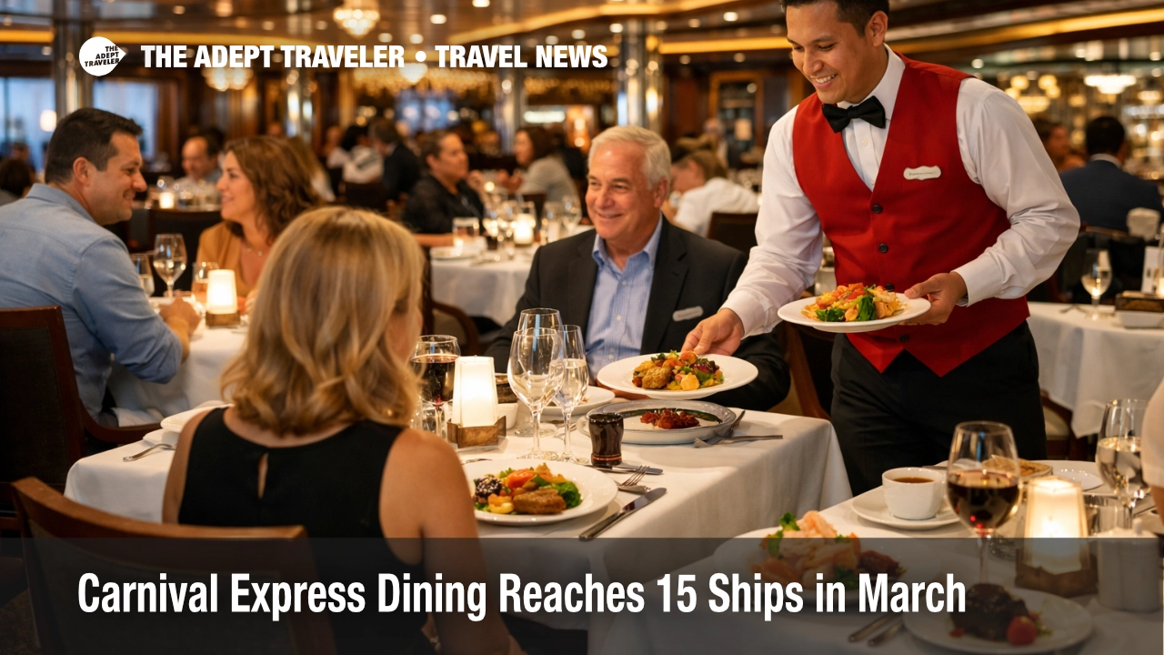 Carnival Express Dining shown in a cruise ship dining room, with quick full service dinner pacing for guests onboard