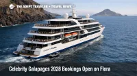 Celebrity Galapagos 2028 bookings on Celebrity Flora, a small expedition yacht sailing past a rocky island shore