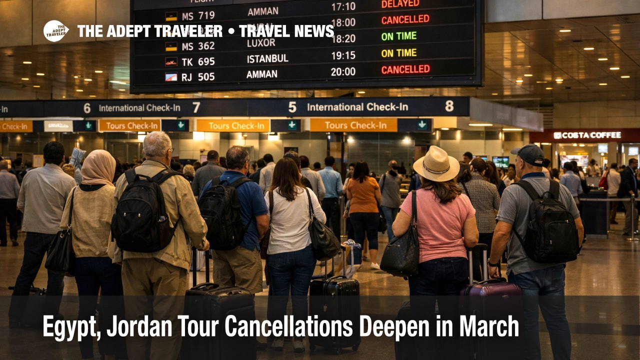 Egypt Jordan tour cancellations reflected in a busy Cairo airport departures hall as travelers wait with luggage