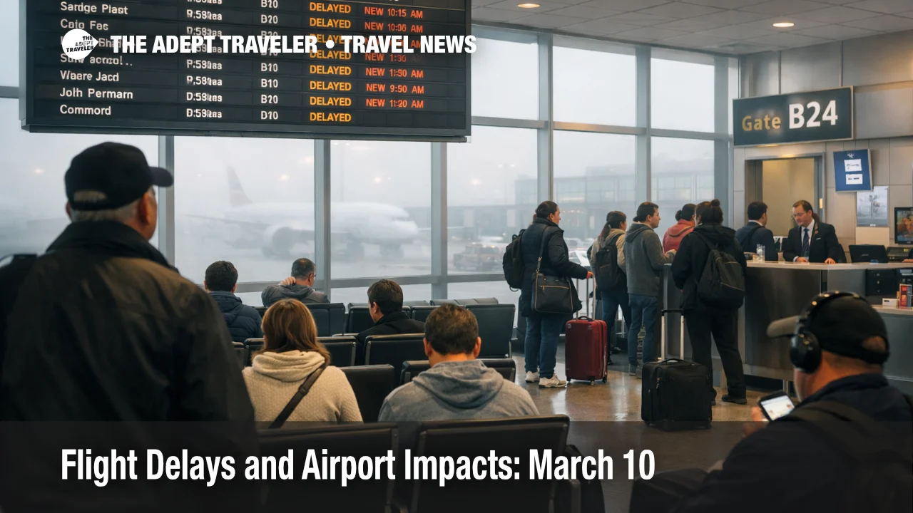 March 10 flight delays at JFK show travelers waiting beneath departure boards during a foggy morning slowdown