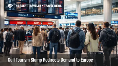 Travelers queue at Dubai International Airport as the Gulf tourism demand shift weakens bookings and confidence