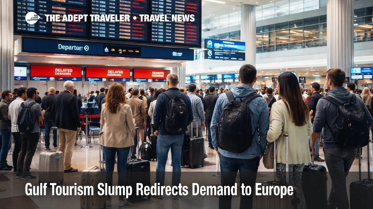 Travelers queue at Dubai International Airport as the Gulf tourism demand shift weakens bookings and confidence