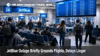 JetBlue flight outage delays shown at JFK with travelers waiting beneath departure screens after the brief FAA ground stop