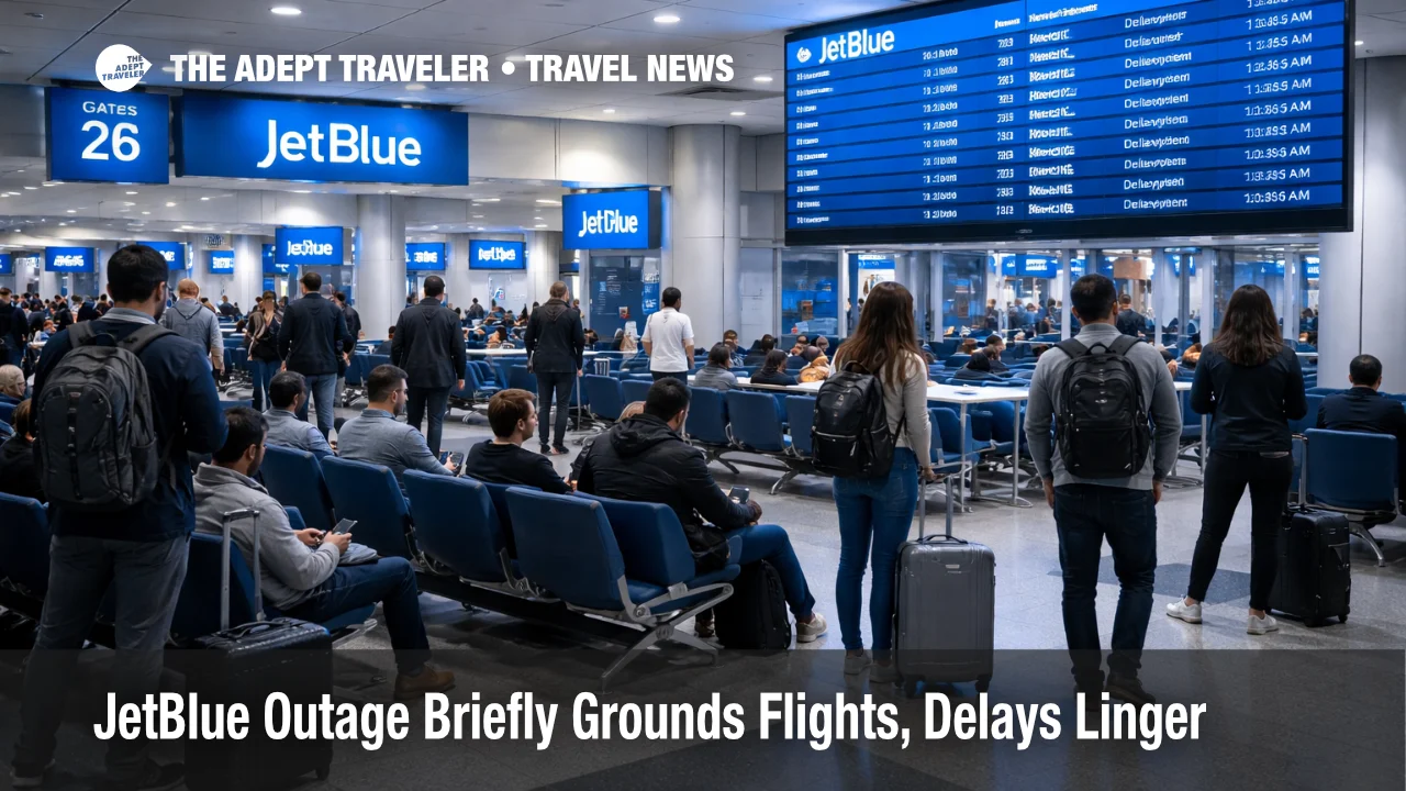JetBlue flight outage delays shown at JFK with travelers waiting beneath departure screens after the brief FAA ground stop