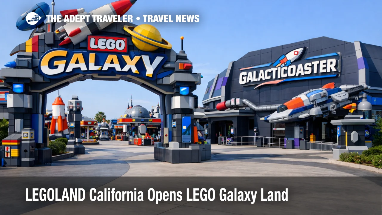 LEGOLAND California LEGO Galaxy entrance and Galacticoaster building in Carlsbad show the new family land