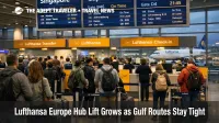 Europe hub reroute flights shown at Frankfurt Airport as long haul passengers queue under departure screens