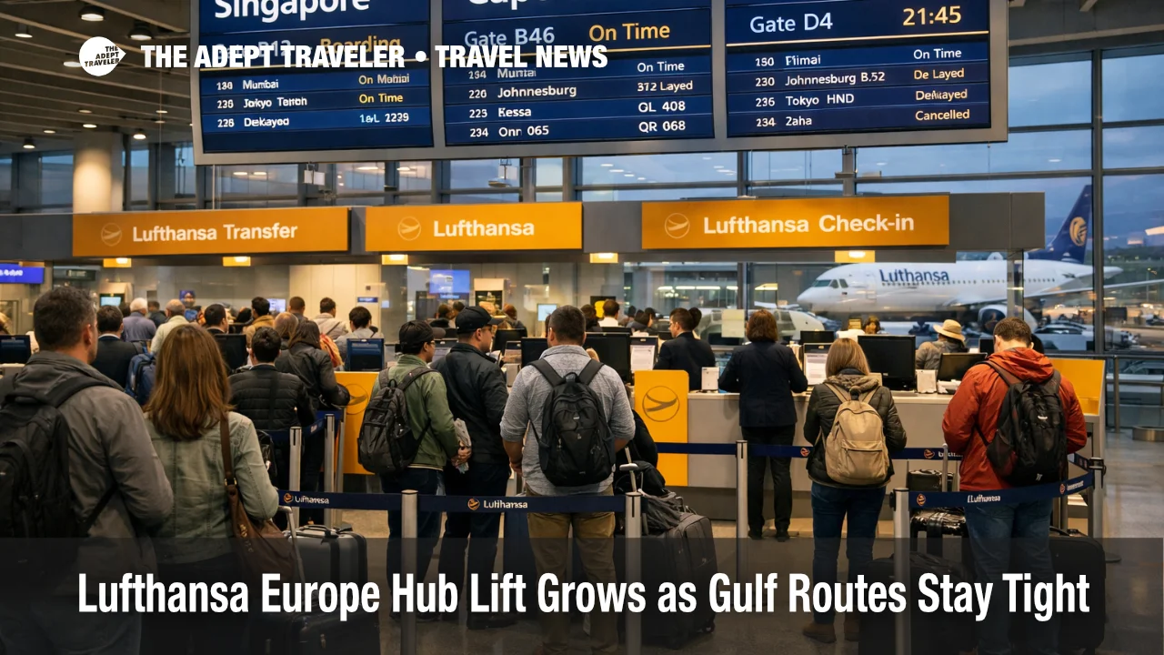 Europe hub reroute flights shown at Frankfurt Airport as long haul passengers queue under departure screens