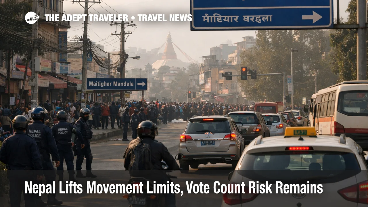Nepal election travel disruption in Kathmandu as traffic and police presence slow airport transfers after movement limits lift