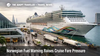 Norwegian cruise fuel warning shown by a ship at PortMiami, with active terminal operations and travelers boarding