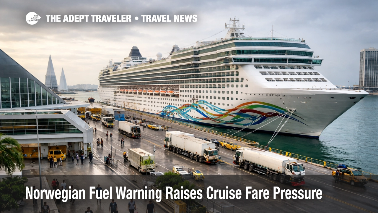 Norwegian cruise fuel warning shown by a ship at PortMiami, with active terminal operations and travelers boarding