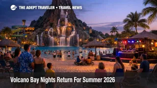 Volcano Bay Nights 2026 at Universal Orlando shows an evening water park scene with lighter crowds and lit attractions