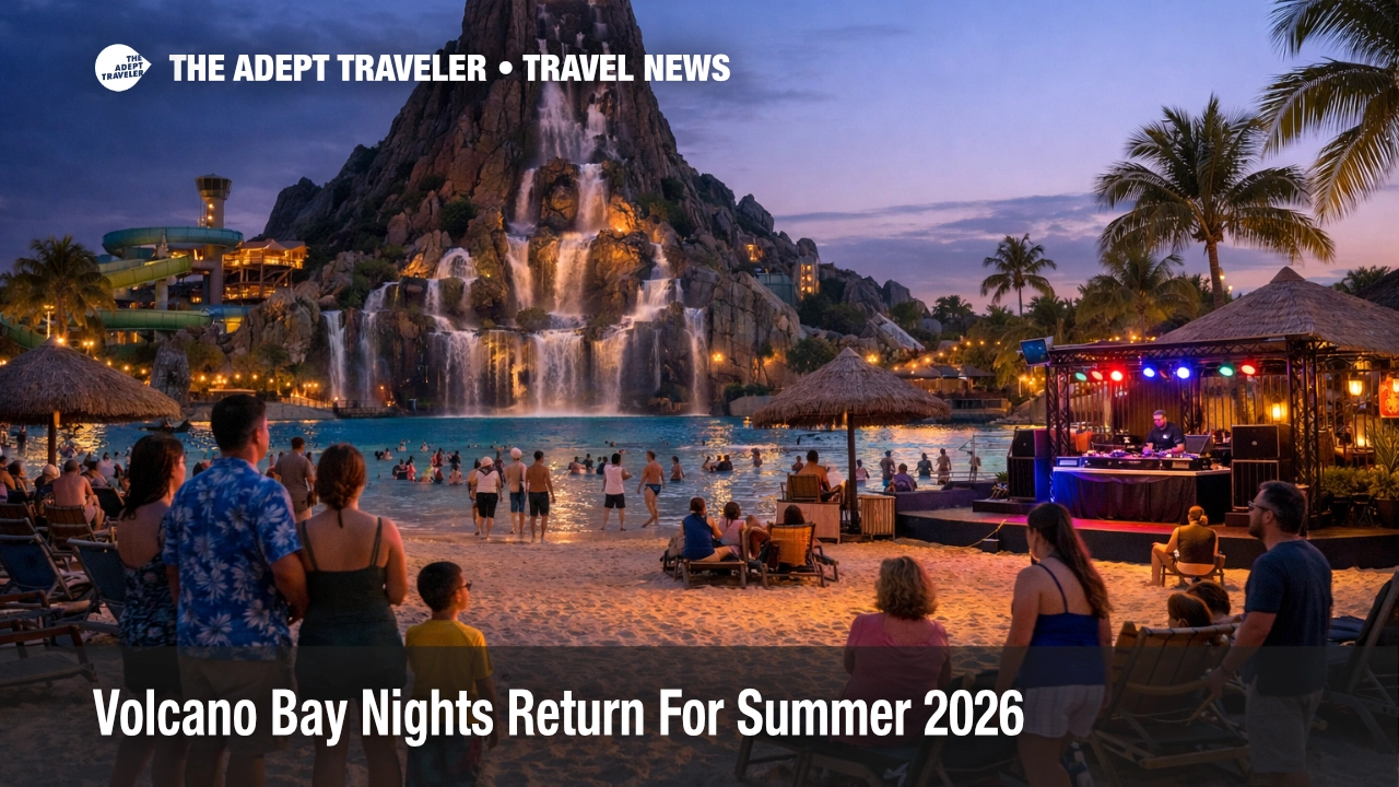 Volcano Bay Nights 2026 at Universal Orlando shows an evening water park scene with lighter crowds and lit attractions
