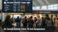 Air Canada Dubai Tel Aviv suspensions shown through a Toronto Pearson departures hall with travelers awaiting rebooking