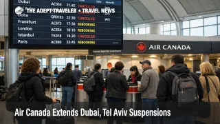 Air Canada Dubai Tel Aviv suspensions shown through a Toronto Pearson departures hall with travelers awaiting rebooking