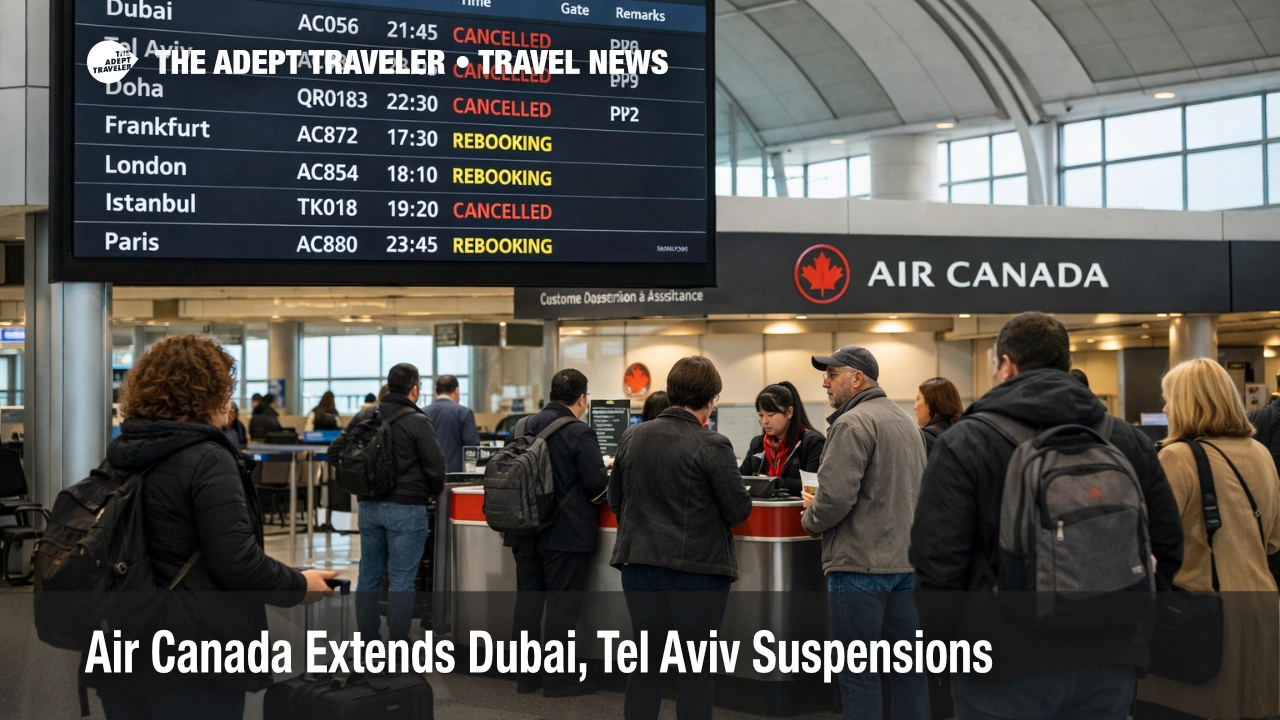 Air Canada Dubai Tel Aviv suspensions shown through a Toronto Pearson departures hall with travelers awaiting rebooking