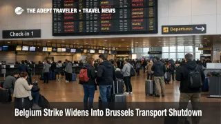 Brussels transport strike scene at BRU shows canceled departures and waiting passengers ahead of March 12 disruption